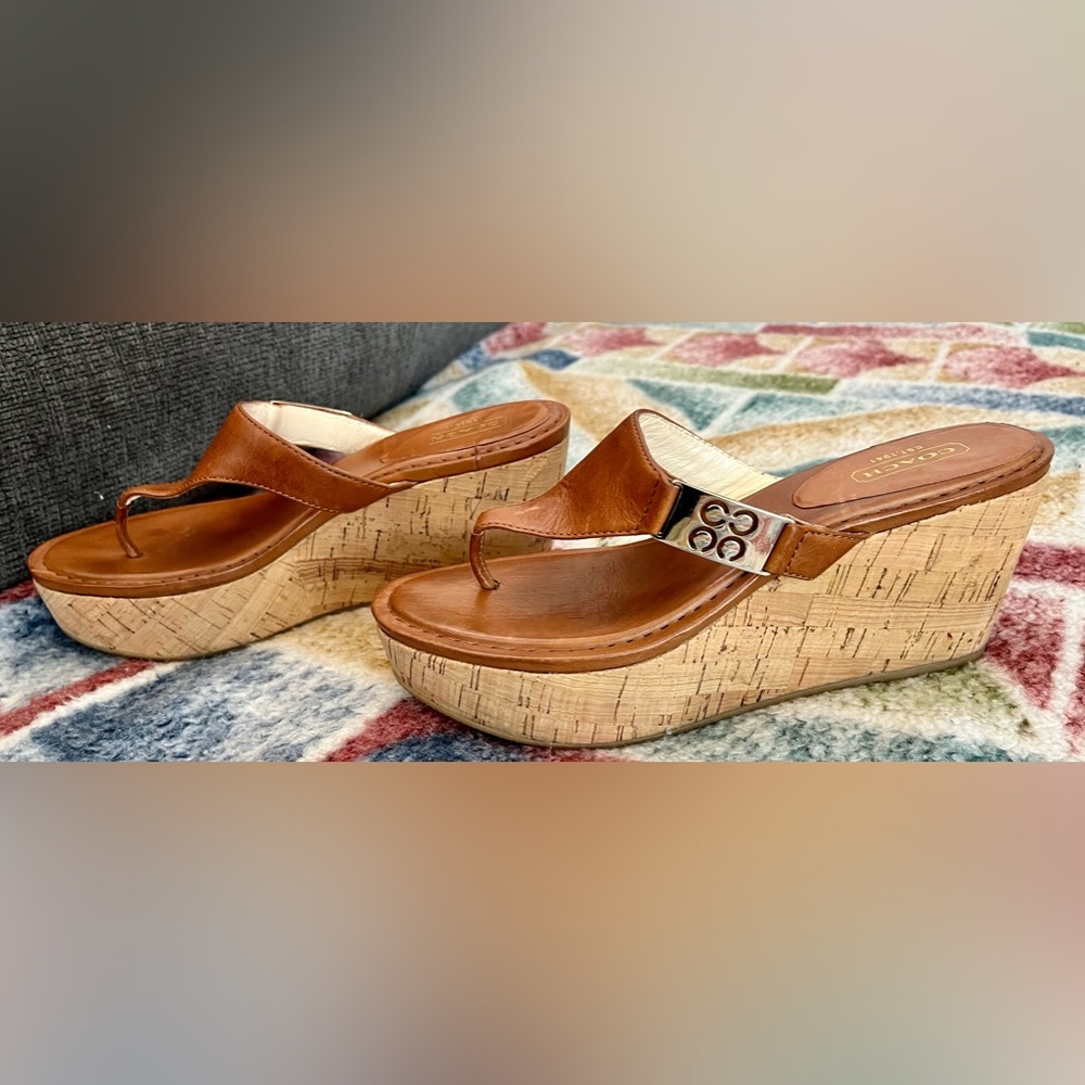 Coach Jan Women's Chestnut Leather Cork Wedge platform sandals Size 7B EUC! $168 - Picture 3 of 9